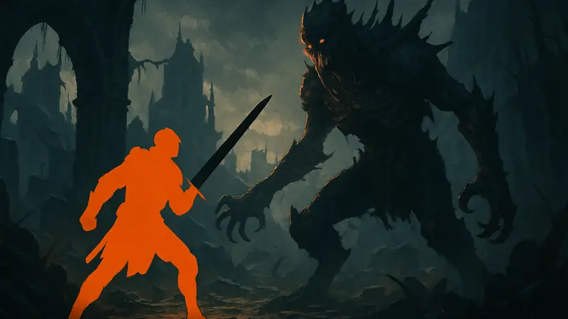 Темный фэнтезийный мир из Lords of the Fallen II с главным героем, сражающимся с монстром.
