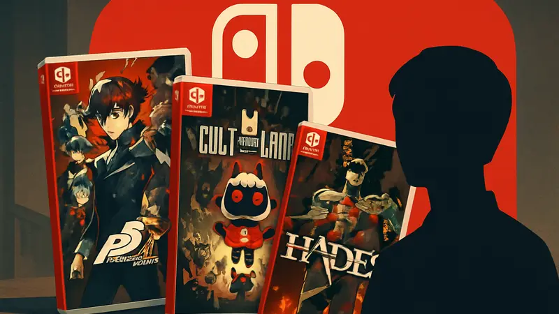 Несколько обложек популярных игр для Nintendo Switch, таких как Persona 5 Royal, Cult of the Lamb, Hades, на фоне логотипа Switch.
