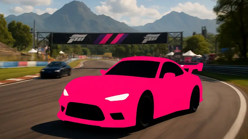 Игровой скриншот агрессивного драйватара Bowie Knife99 в Forza Horizon 6 на гоночной трассе
