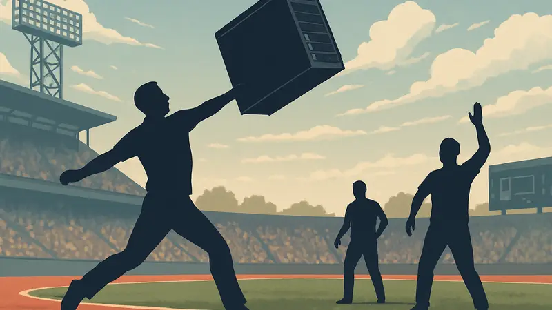 IT-эксперты метают серверные стойки на спортивных соревнованиях.