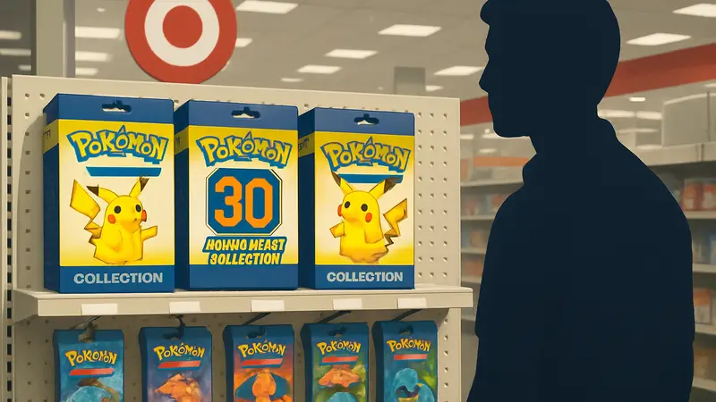 Набор карт Pokémon TCG к 30-летию на витрине магазина Target. Коллекционные карты.