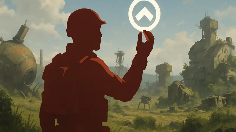 Персонаж из ARC Raiders, держащий "Символ объединения", на фоне игрового мира.