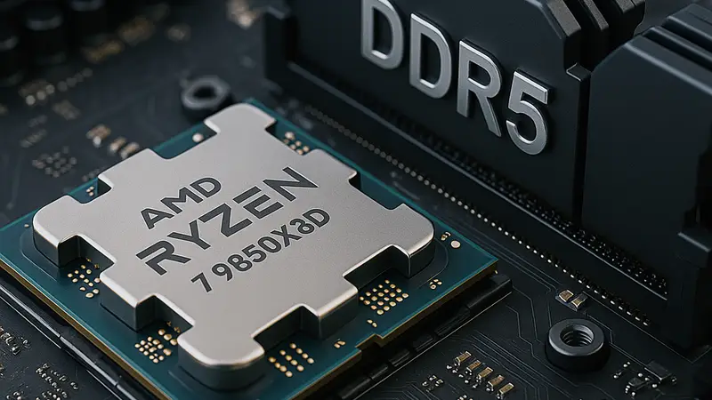 Изображение процессора AMD Ryzen 7 9850X3D с плашками оперативной памяти DDR5 на фоне материнской платы