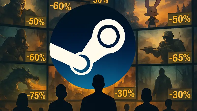 Логотип Steam на фоне изображения игр со скидками во время Летней распродажи