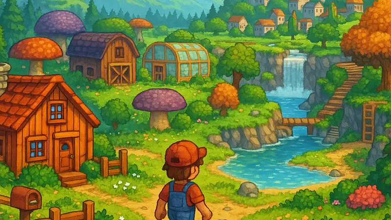 Кадр из Stardew Valley с новыми элементами игрового мира, демонстрирующий масштаб "Мега" расширения.