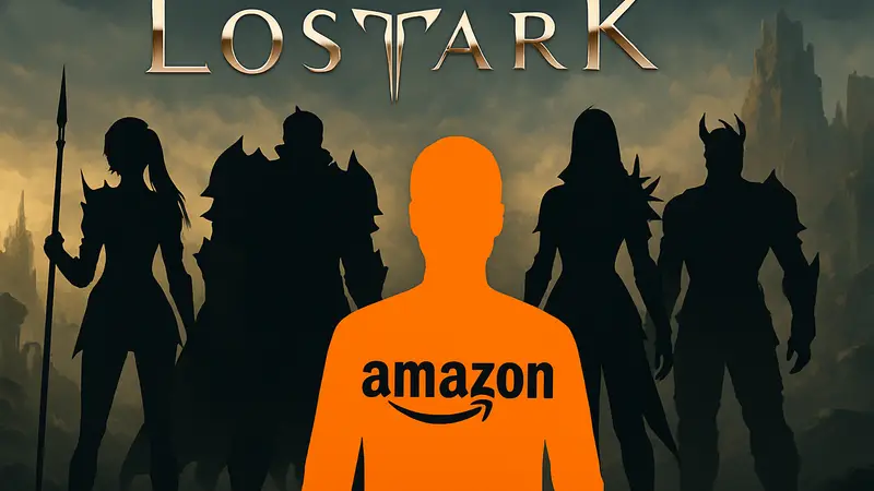 Логотип Lost Ark на фоне персонажей игры, на переднем плане логотип Amazon Games.