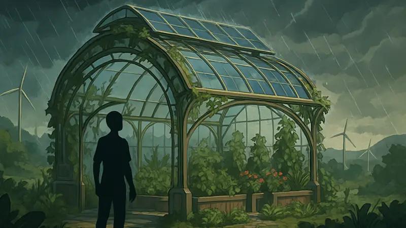 Игровая теплица в стиле Solarpunk, защищающая растения от непогоды.