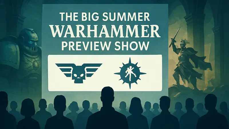 Логотип The Big Summer Warhammer Preview Show 2026 с иконками игр Warhammer 40,000 и Age of Sigmar.