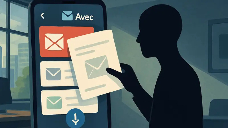 Интерфейс приложения Avec с письмами, которые можно свайпать, и голосовым вводом