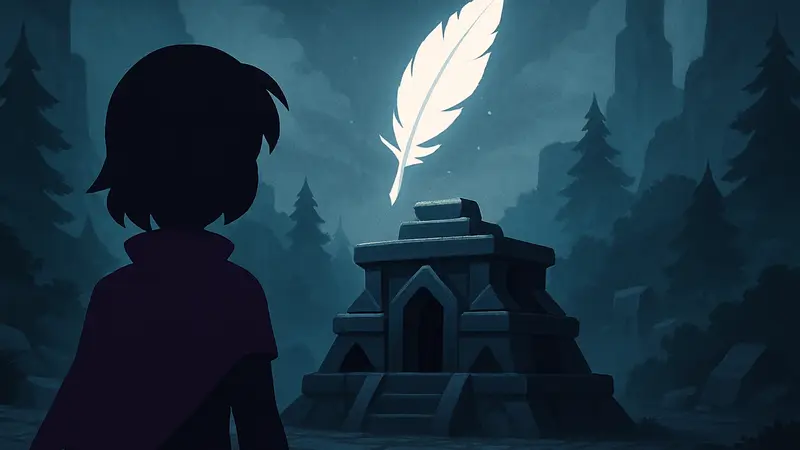 Изображение пера Лепестка из игры Deltarune: Глава 5, парящего над таинственной структурой
