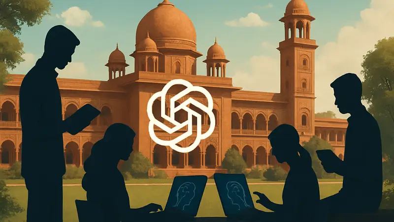 Логотип OpenAI на фоне индийского университета, студенты изучают искусственный интеллект.