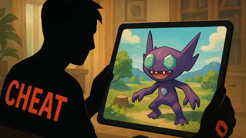 Покемон Саблет из Pokémon Pokopia, появляющийся на экране игры, с упоминанием читерства.