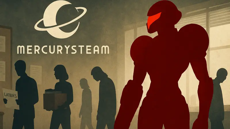Логотип студии MercurySteam, возможно, с силуэтом Самус Аран из Metroid Dread, на фоне новостей об увольнениях.