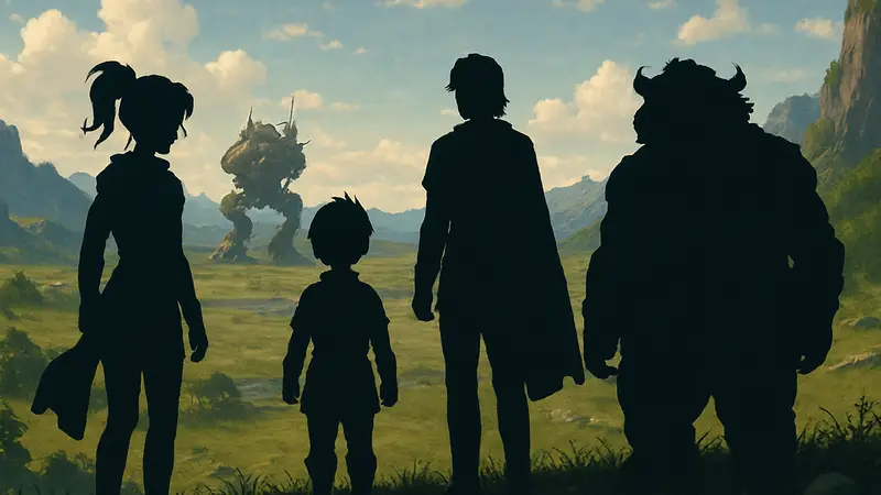 Скриншот из Final Fantasy 6 с главными персонажами на фоне пейзажа