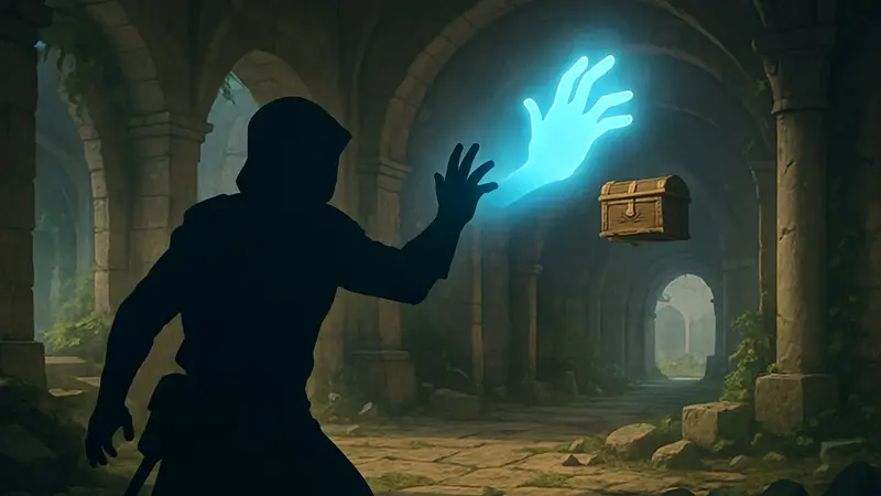 Игровой персонаж в Esoteric Ebb, использующий заклинание "Магическая рука" для взаимодействия с отдаленным объектом.