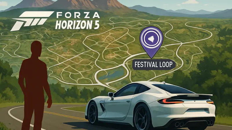 Карта Forza Horizon 5 с указанием скоростной зоны Festival Loop и быстрый автомобиль на трассе.