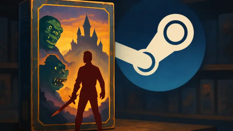 Обложка старой ПК-игры 90-х годов на фоне логотипа Steam, символизирующая распродажи.
