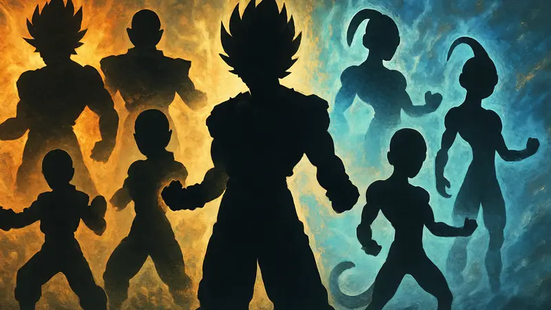 Персонажи из Dragon Ball разных рас, демонстрирующие свои уникальные способности и силу, на фоне энергетических вспышек.