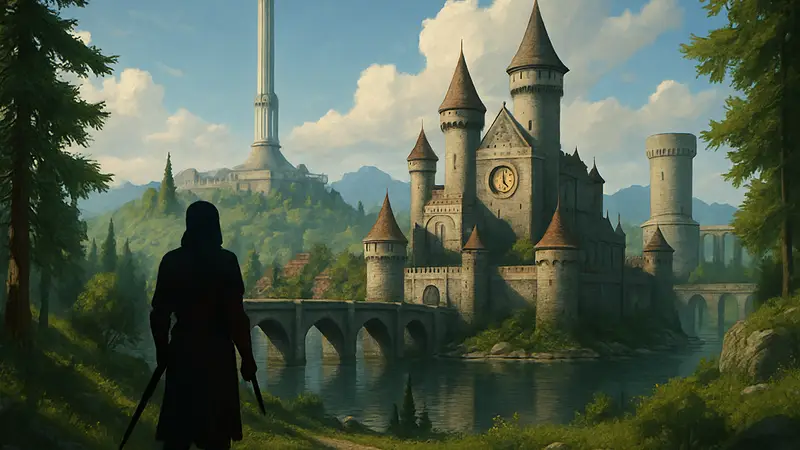 Кадр из фанатского ремейка Skyblivion, демонстрирующий пейзажи и архитектуру Oblivion на движке Skyrim.