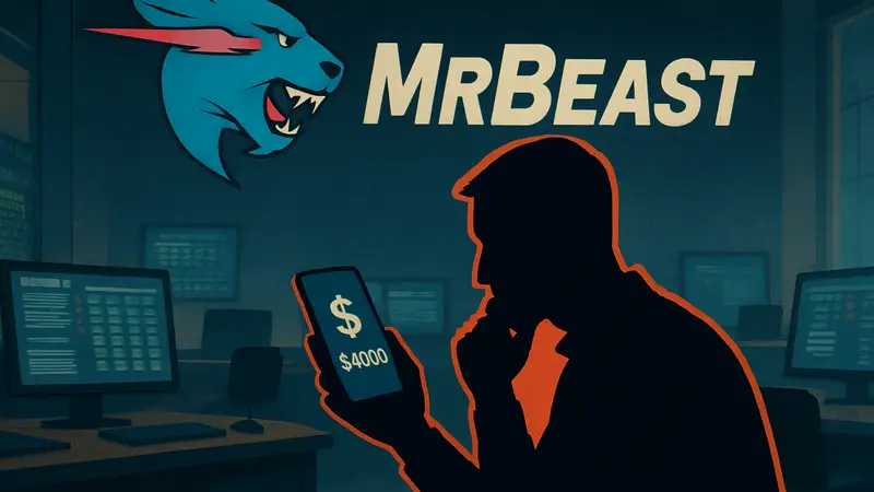 Логотип MrBeast и изображение человека, делающего ставки, символизирующее инсайдерскую торговлю.