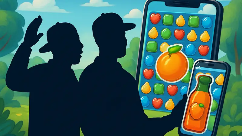 Kenan Thompson и Kel Mitchell в мультяшном стиле, на фоне элементов игры Orange Pop!.