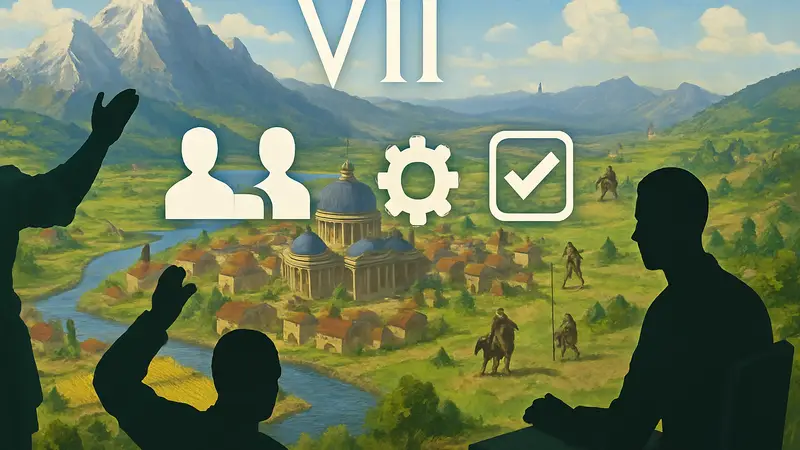 Логотип Civilization 7 на фоне игрового процесса с иконками новых функций, включая hotseat.