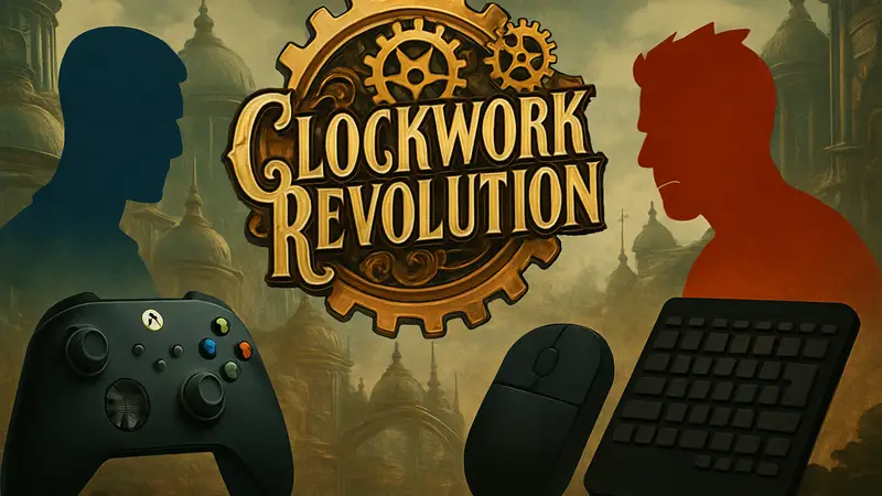 Логотип Clockwork Revolution на фоне контроллеров Xbox и PC, символизирующий платформенную эксклюзивность.