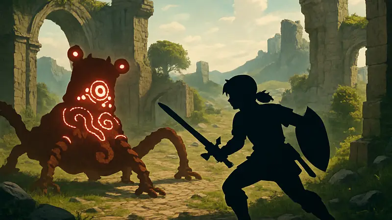 Линк из The Legend of Zelda: Breath of the Wild сражается с монстром на фоне руин, иллюстрация испытания