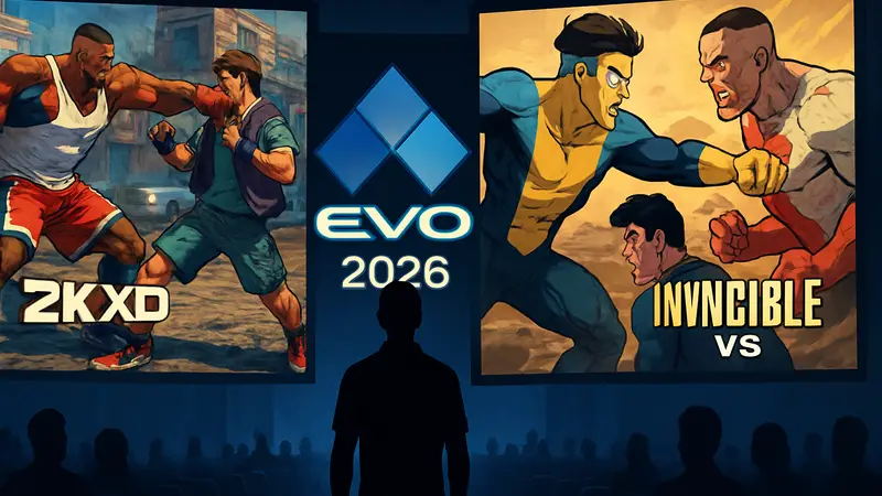 Логотип Evo 2026 и скриншоты новых файтингов, таких как 2KXO и Invincible VS