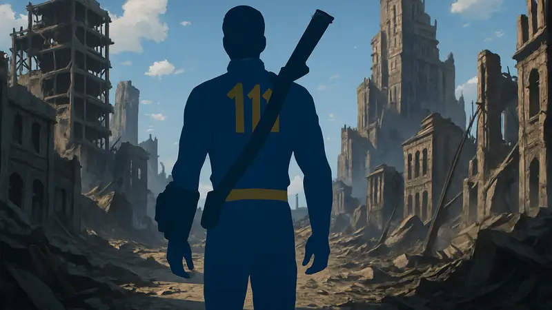 Игрок Fallout 4 исследует разрушенный город под синим небом, на заднем плане разрушенные здания