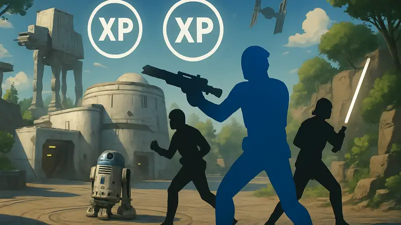Игровой процесс Fortnite Droid Tycoon с элементами «Звездных войн» и иконками опыта