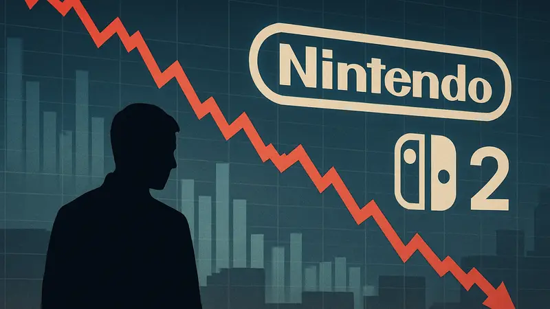 Логотип Nintendo Switch 2 на фоне падающего графика акций компании Nintendo