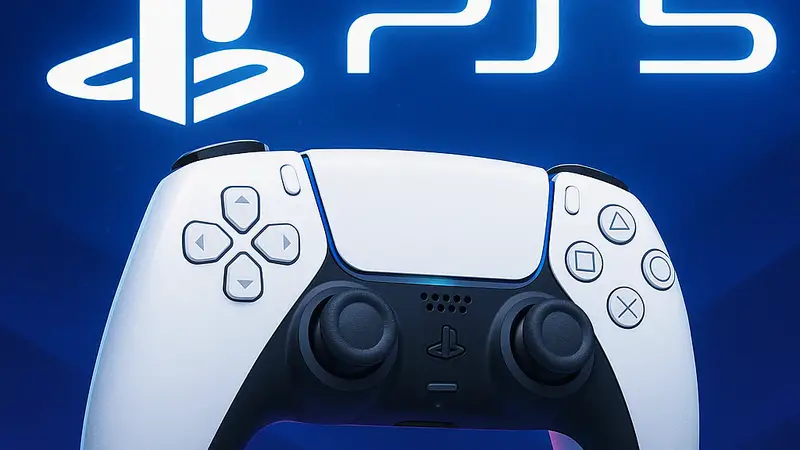 Контроллер DualSense на фоне логотипа PlayStation 5, символизирующий новую эксклюзивную игру.