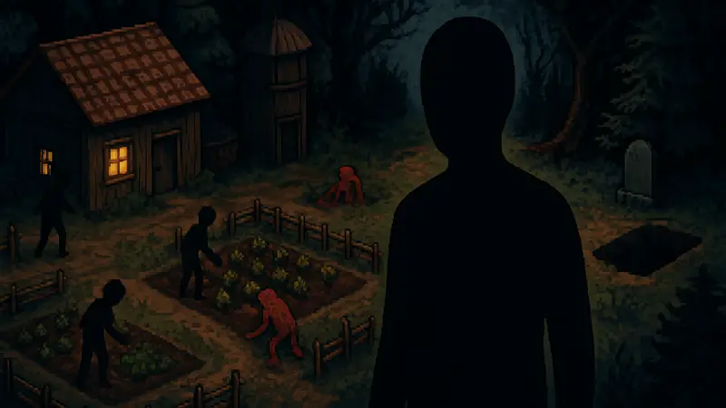 Кадр из игры Grave Seasons, демонстрирующий пиксельную графику и элементы хоррора и симулятора фермы.