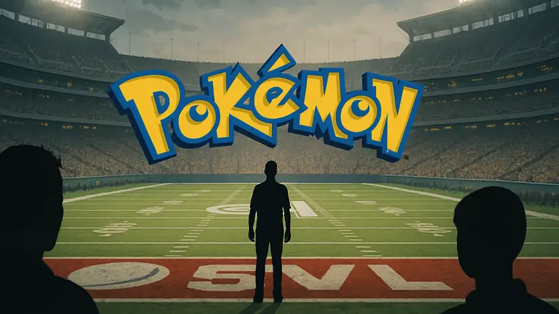 Логотип Pokémon на фоне американского футбольного поля, символизирующий 30-летие франшизы и рекламу на Супербоуле.