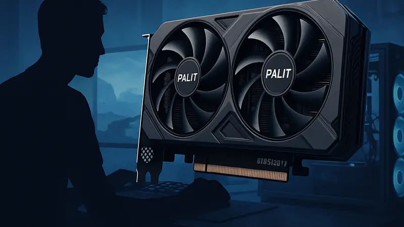 Видеокарта Nvidia RTX 5060 Ti Palit Dual на фоне геймерского ПК