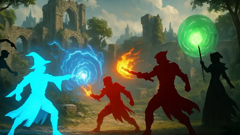 Изображение из игры Spellcasters Chronicles, показывающее магические битвы и персонажей MOBA жанра.
