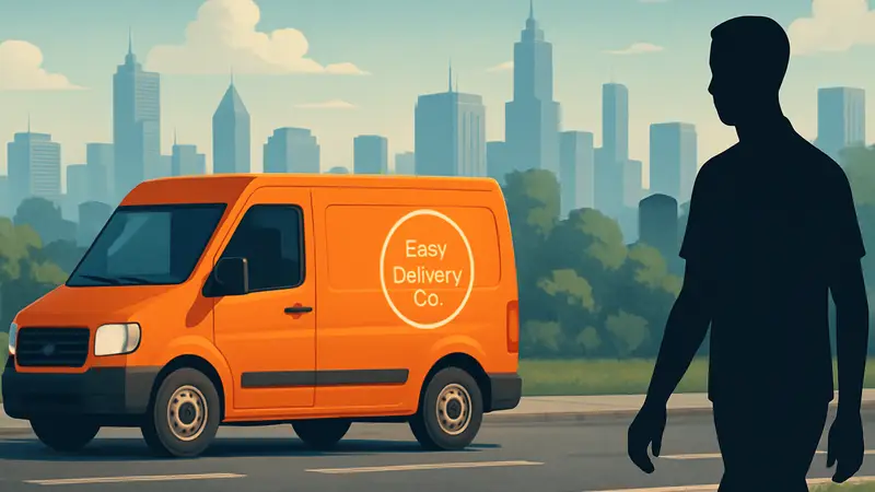 Изображение фургона Easy Delivery Co., едущего по дороге на фоне городского пейзажа