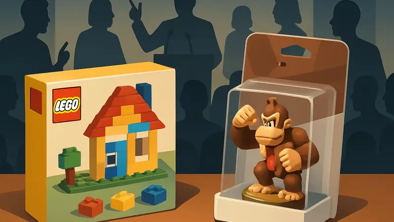 Коробка конструктора Lego и фигурка Amiibo на фоне дебатов