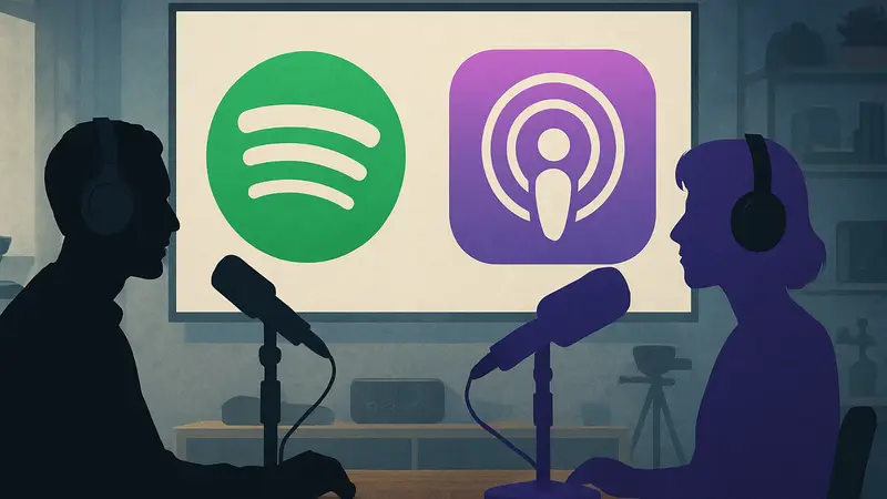 Логотипы Spotify и Apple Podcasts рядом, символизирующие интеграцию технологий видеоподкастов и мультиплатформенность.