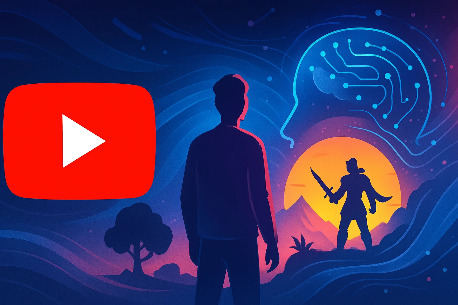 Логотип YouTube на фоне абстрактного изображения, символизирующего создание игр с помощью искусственного интеллекта.