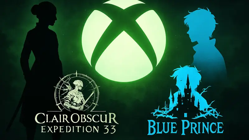 Логотипы игр Clair Obscur: Expedition 33 и Blue Prince на фоне Xbox Game Pass.