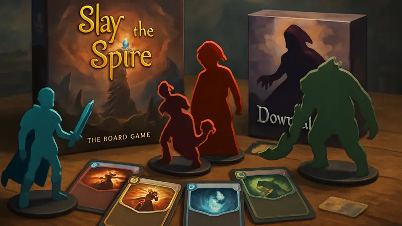 Игровые карты и фигурки из настольной игры Slay the Spire: The Board Game с дополнением Downfall.