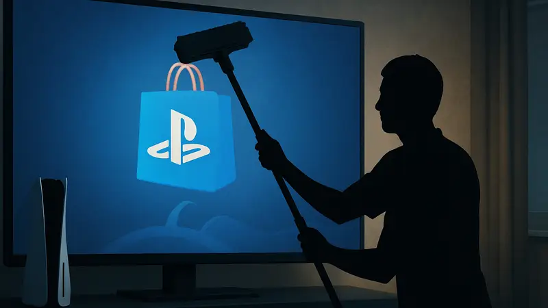 Логотип PlayStation Store на фоне экрана консоли PS5, символизирующий очистку магазина