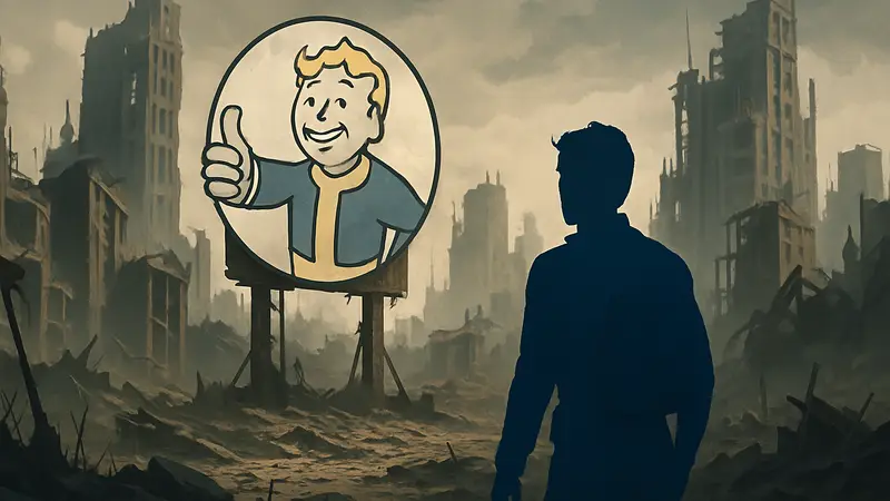 Постапокалиптический пейзаж пустоши Fallout с разрушенными зданиями и символом Волт-Боя.