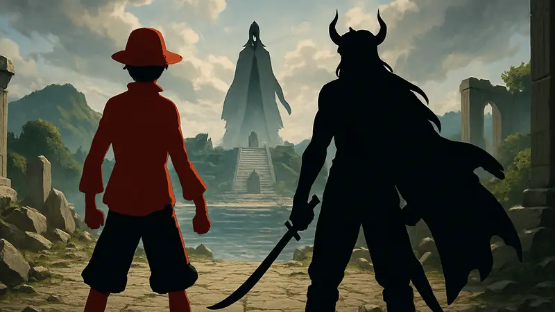 Луффи и Локи из One Piece, стоящие рядом, готовятся к битве против Иму в финальной саге.