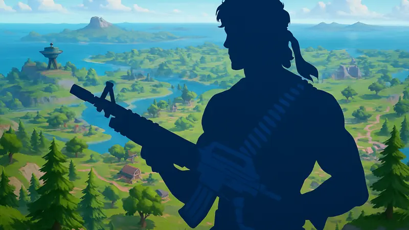Рэмбо в стилизованном под Fortnite облике с оружием, на фоне карты игры.
