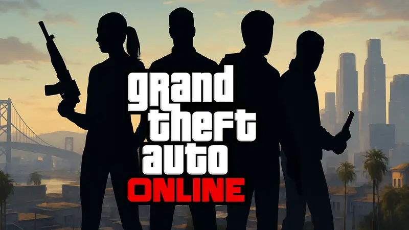 Логотип GTA Online с силуэтами персонажей и надписью Grand Theft Auto.