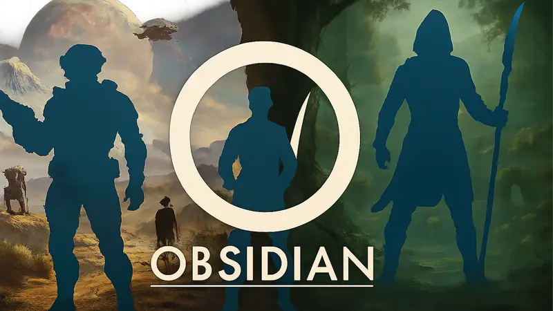 Логотип Obsidian Entertainment на фоне персонажей из The Outer Worlds и Avowed.