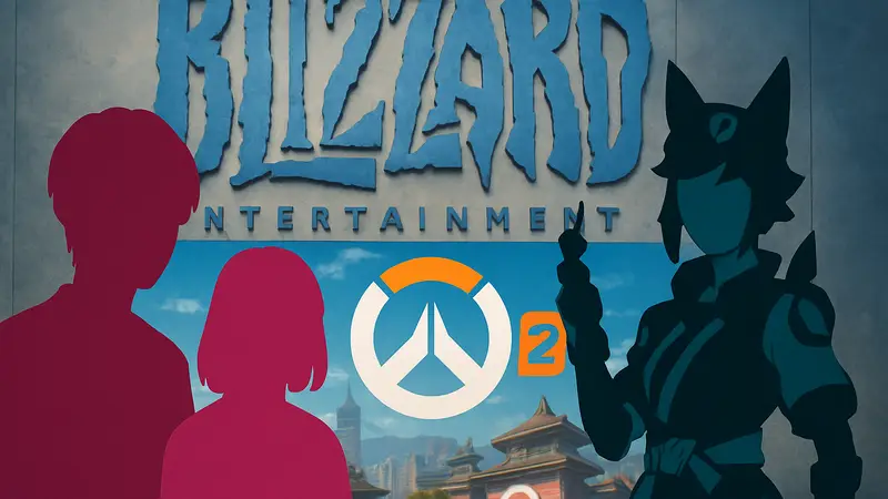 J-Pop дуэт YOASOBI и героиня Кирико из игры Overwatch 2 на фоне символики Blizzard.
